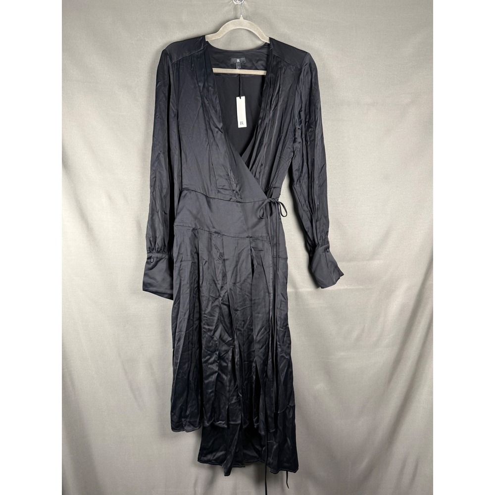 Banana Republic Wrap Midi Dress Women Large Black Satin Pleated Asymmetrical